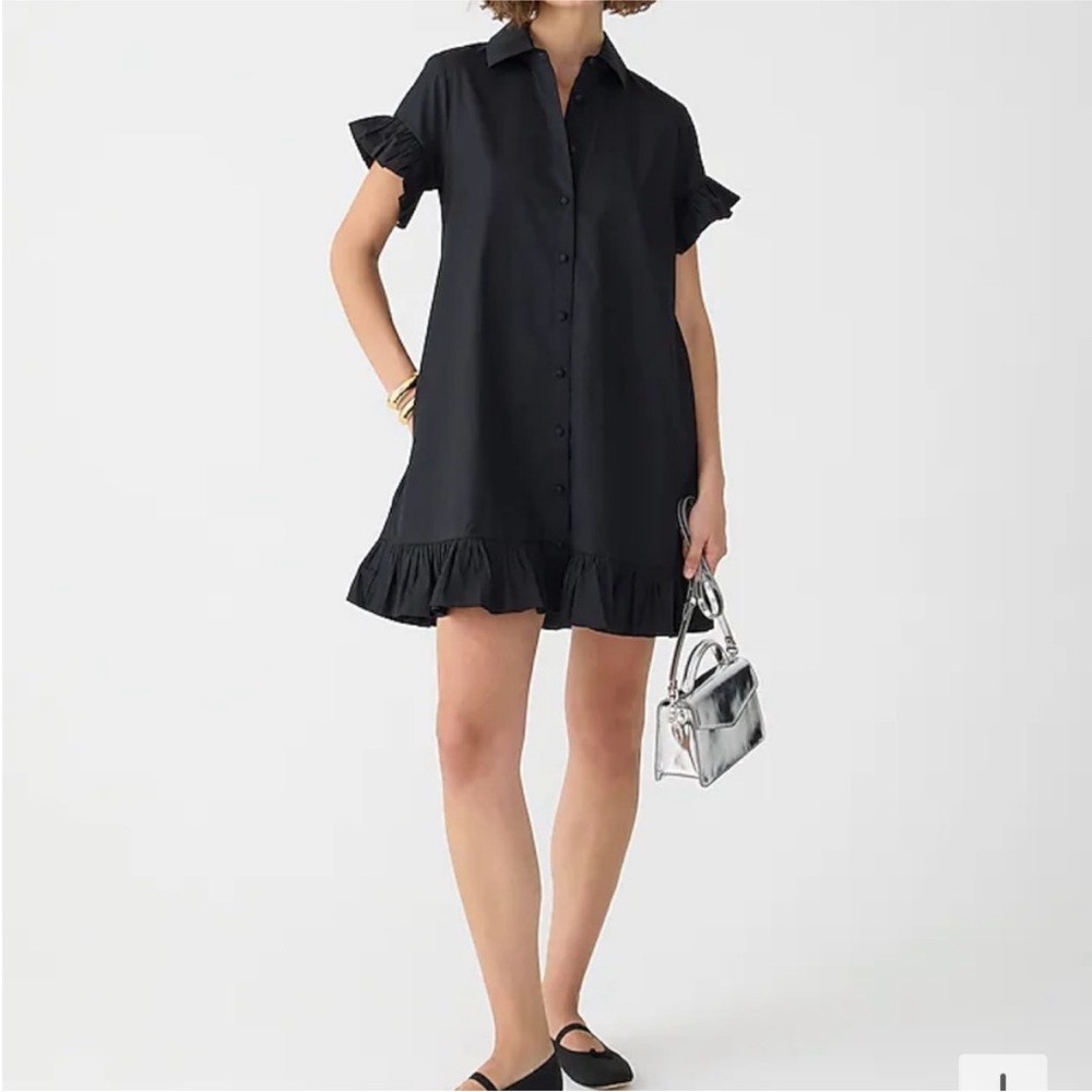 J. Crew Ruffle Hem Shirt Dress in Cotton Poplin Black XL NWOT